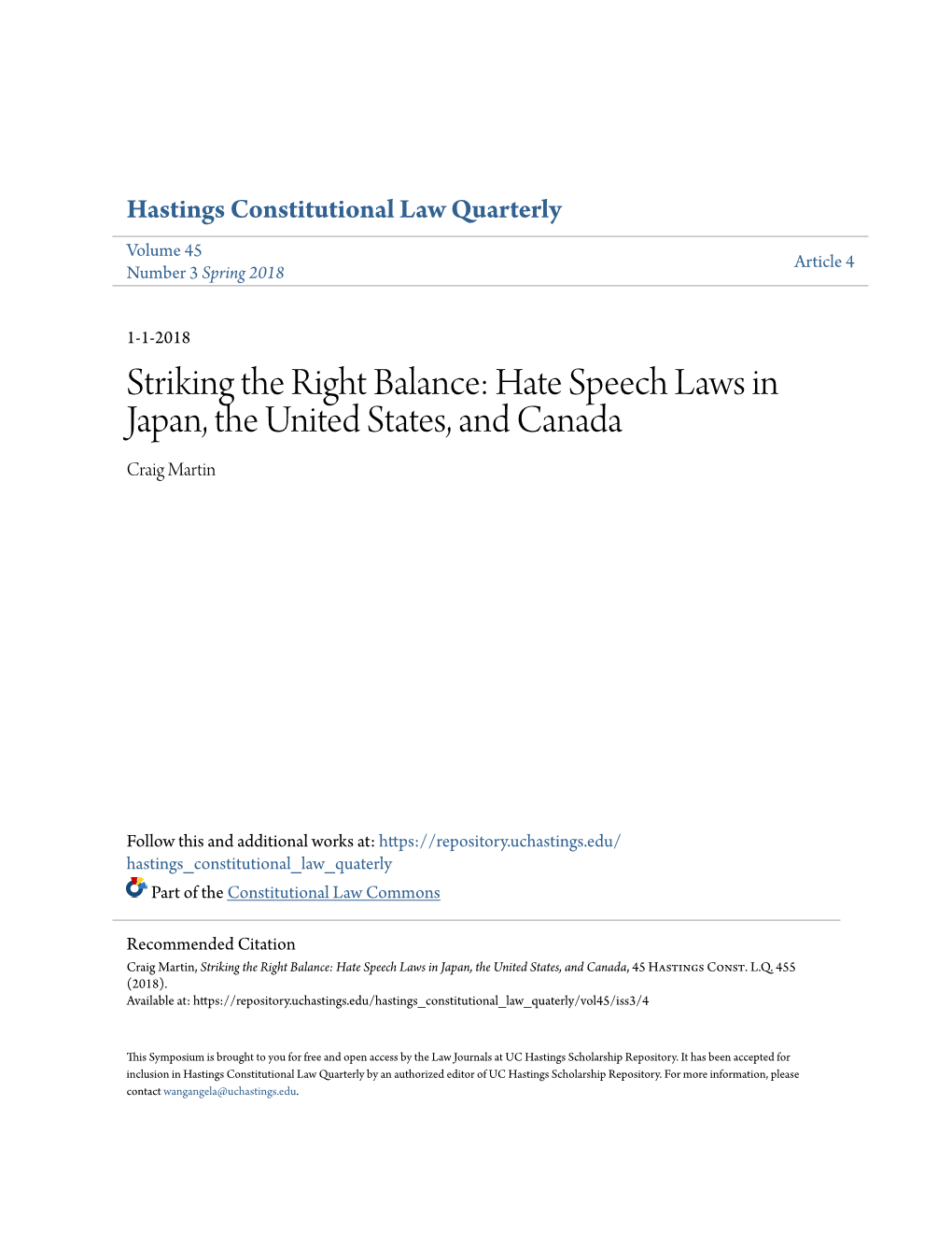 Hate Speech Laws in Japan, the United States, and Canada Craig Martin