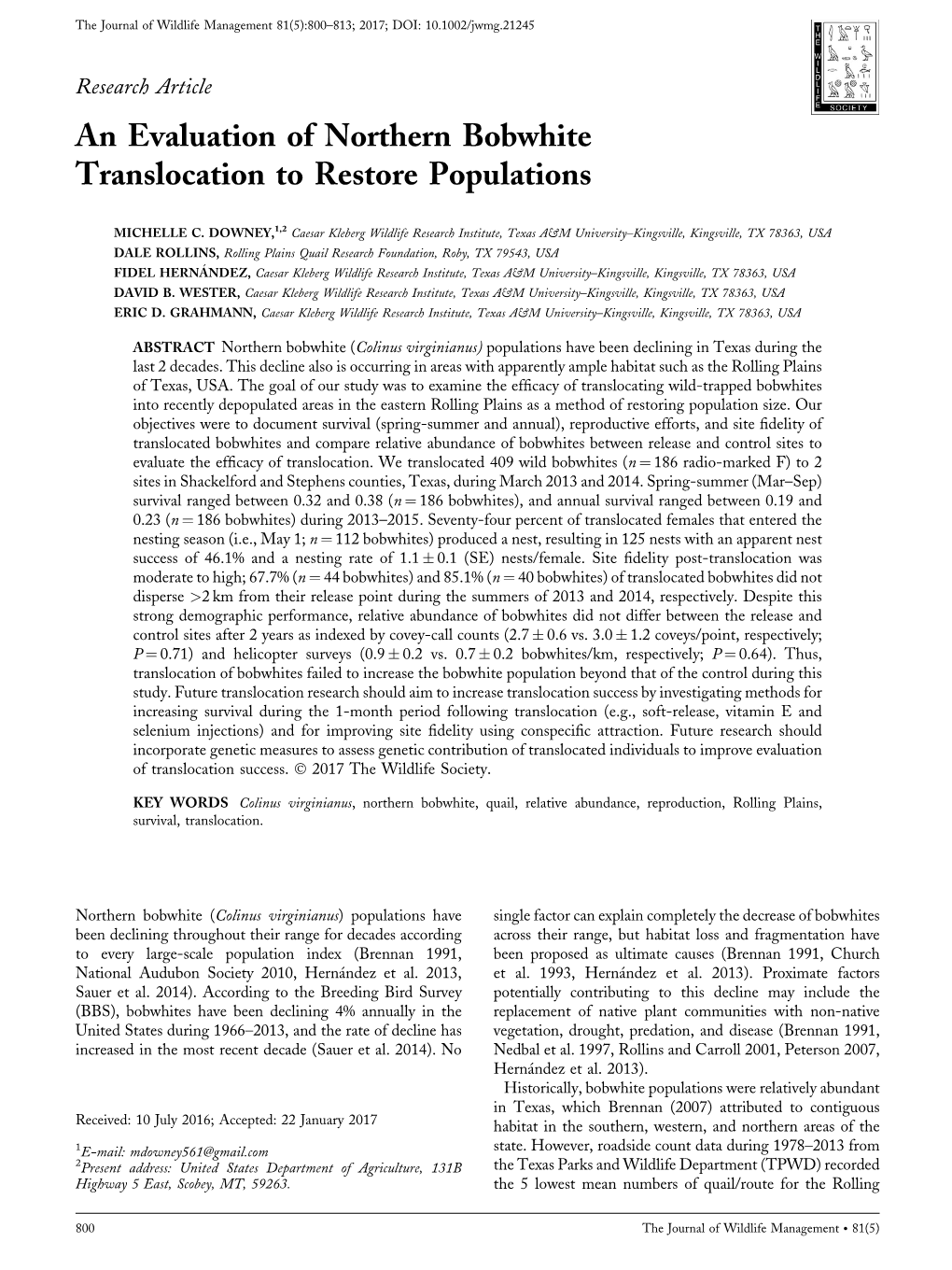 An Evaluation of Northern Bobwhite Translocation to Restore Populations