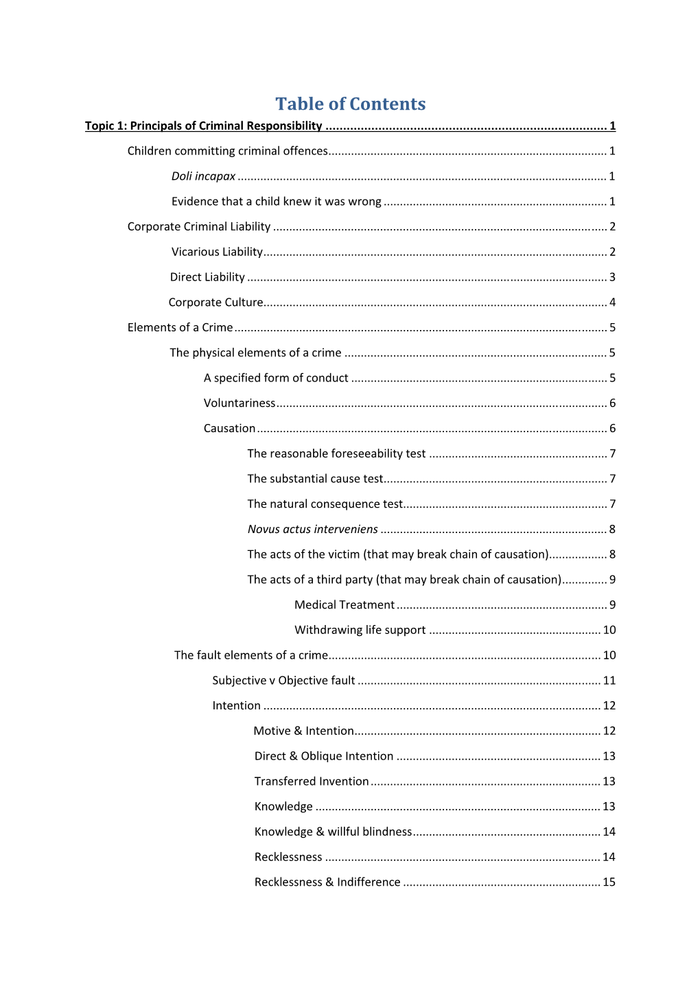 Table of Contents Topic 1: Principals of Criminal Responsibility