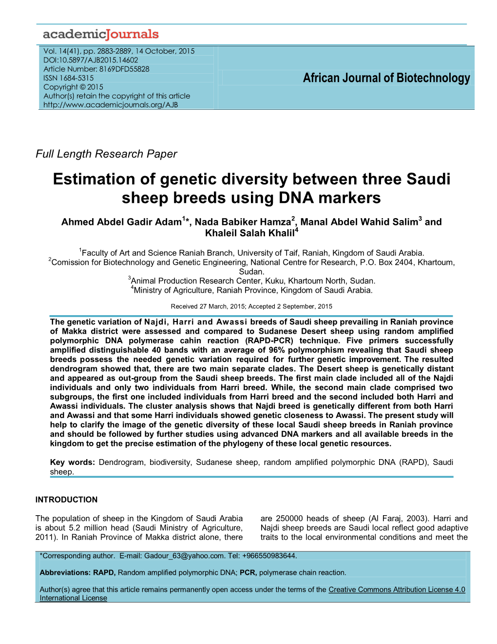 Estimation of Genetic Diversity Between Three Saudi Sheep Breeds Using DNA Markers