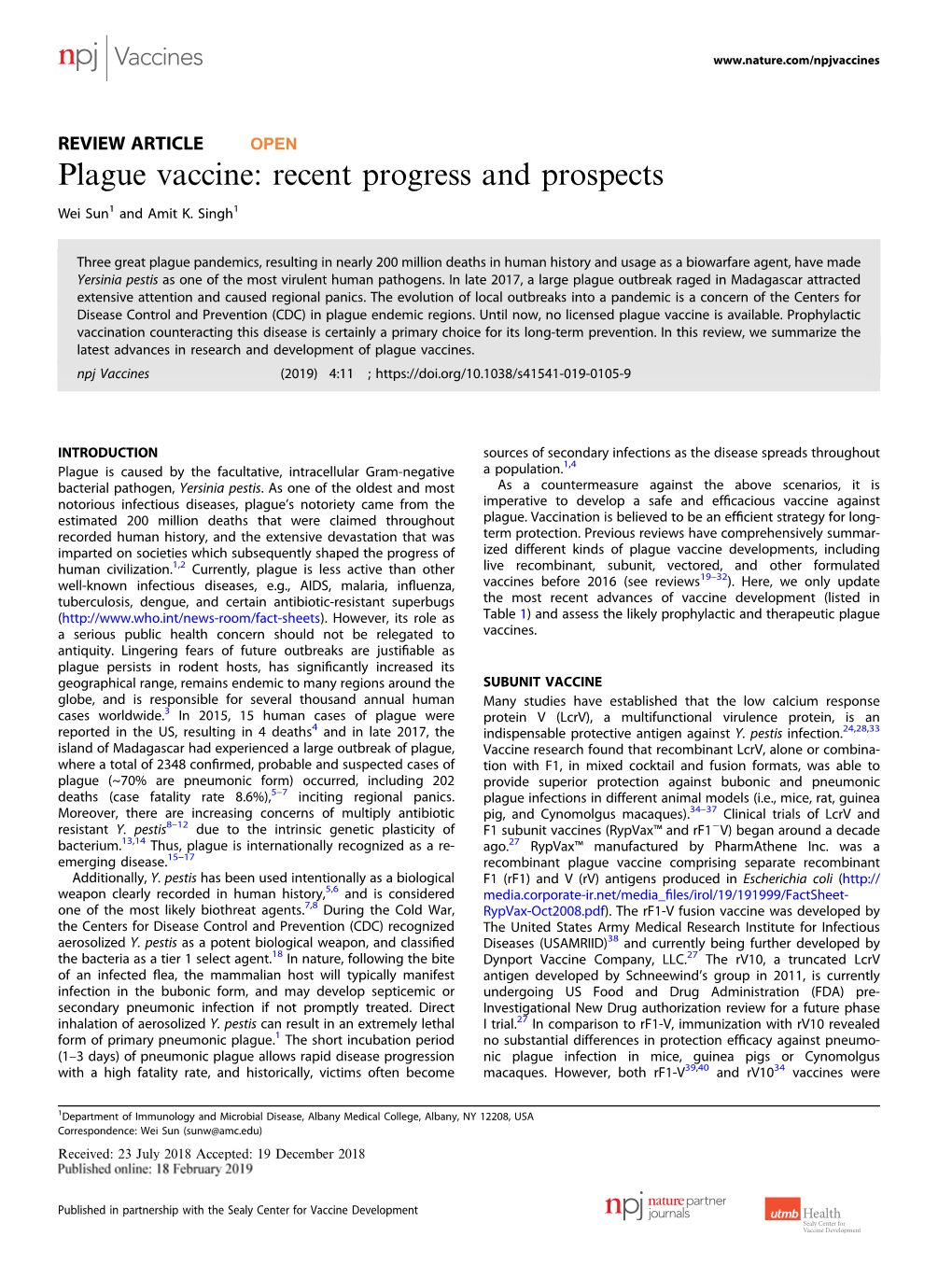 Plague Vaccine: Recent Progress and Prospects