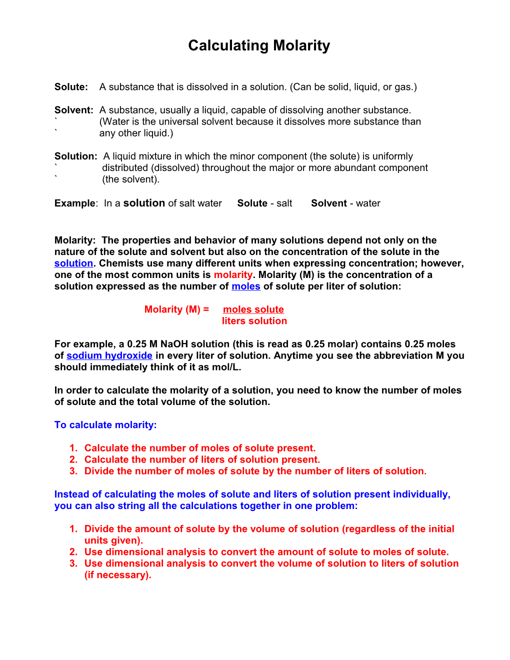 Calculating Molarity