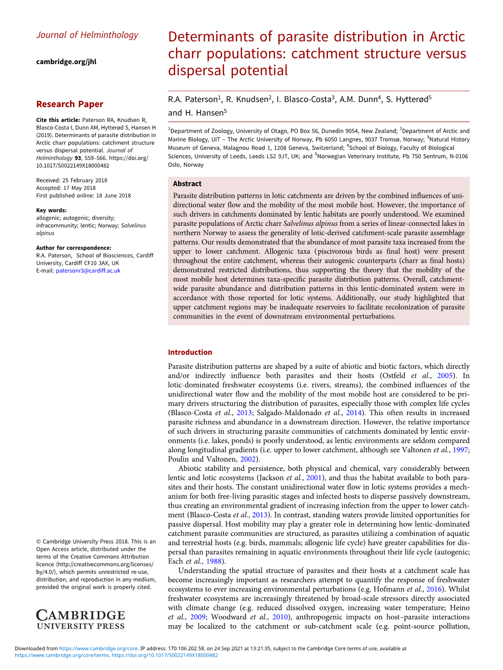 Determinants of Parasite Distribution in Arctic Charr Populations: Catchment Structure Versus Dispersal Potential