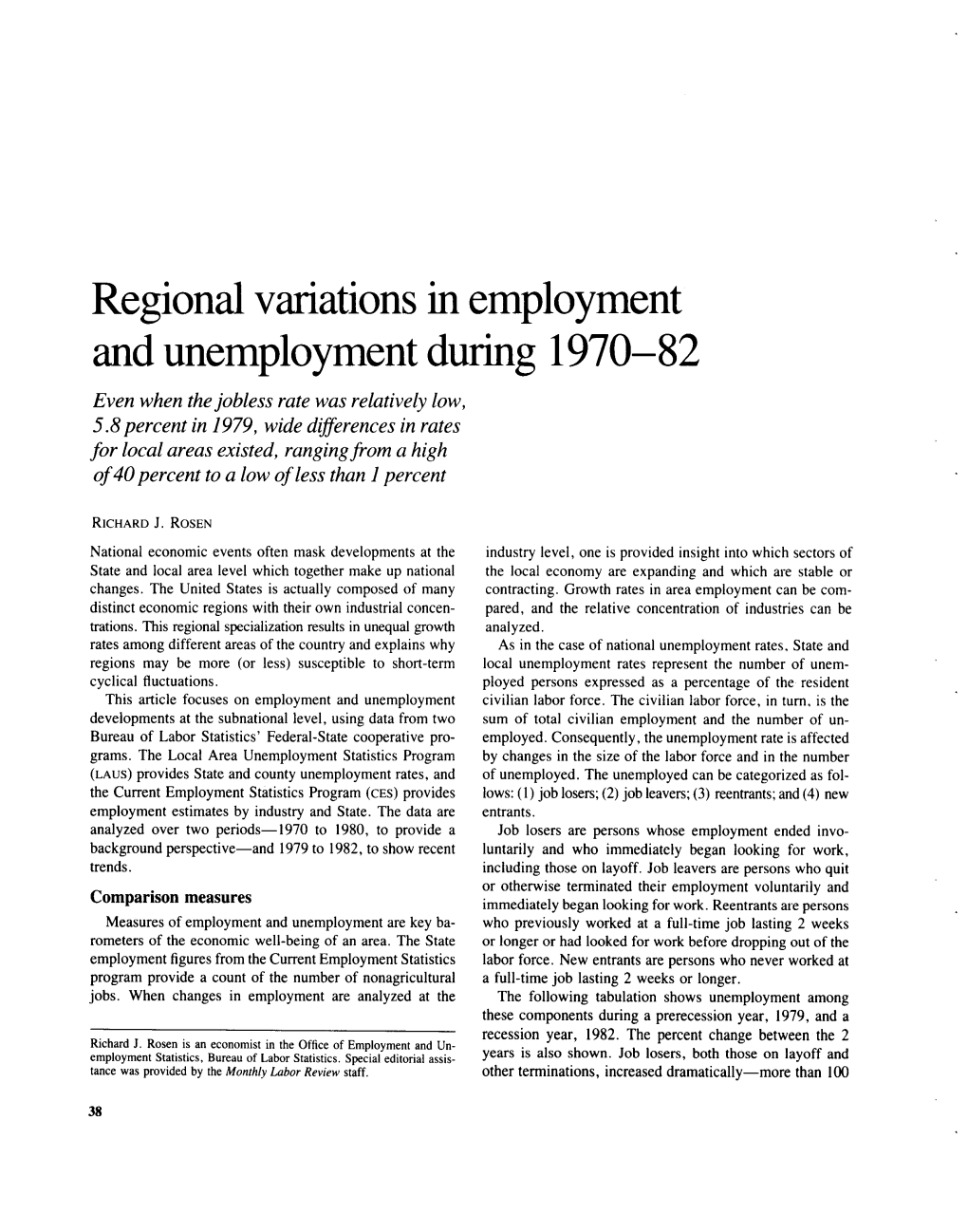 Regional Variations in Employment and Unemployment During 1970-82