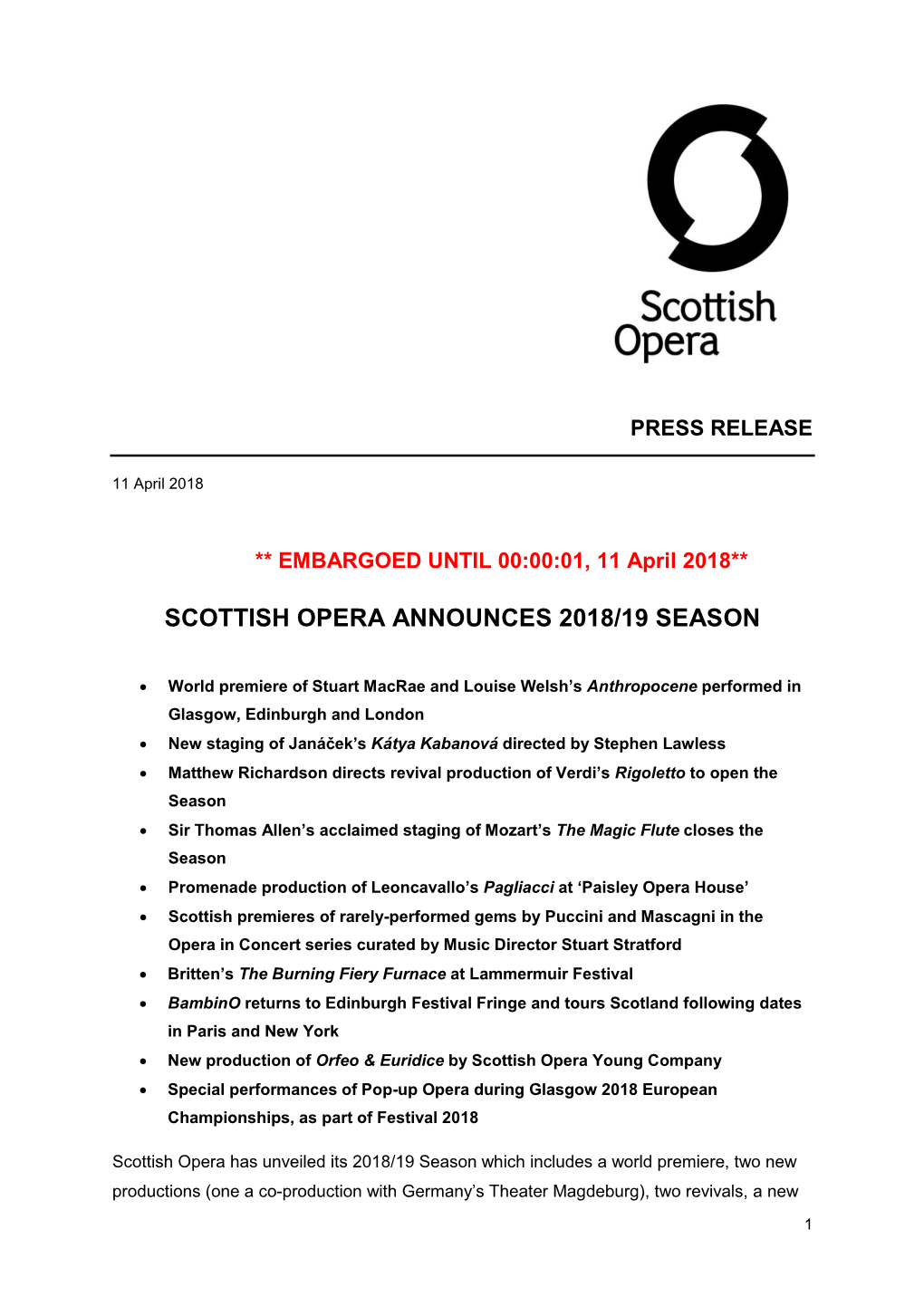 Scottish Opera Announces 2018/19 Season
