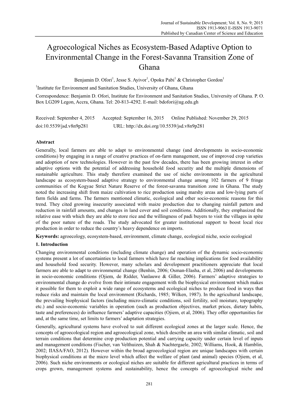 Agroecological Niches As Ecosystem-Based Adaptive Option to Environmental Change in the Forest-Savanna Transition Zone of Ghana