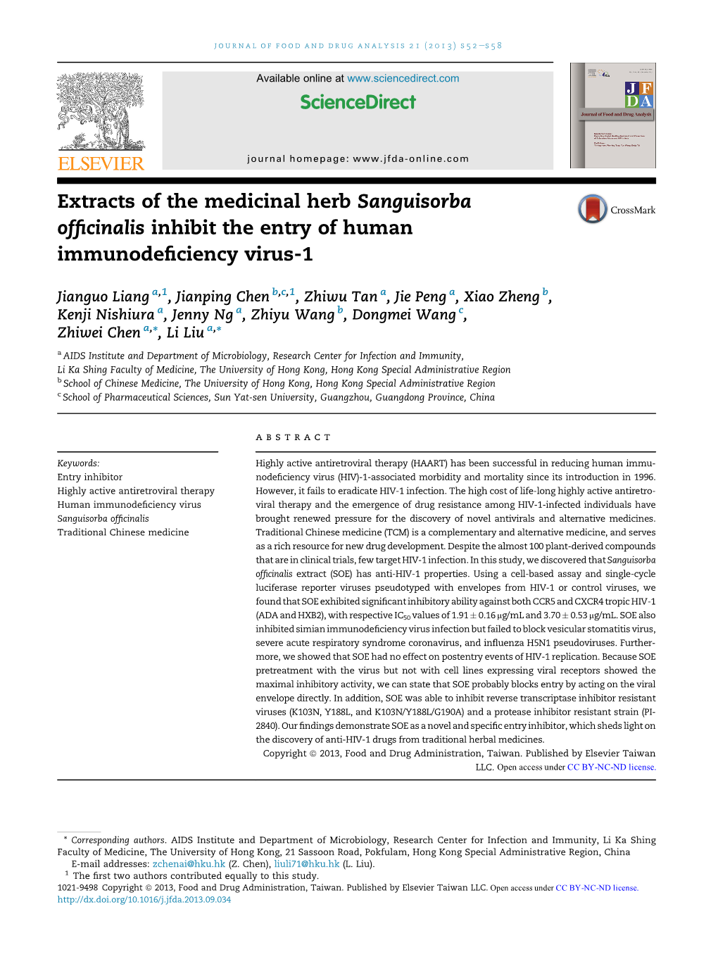 Extracts of the Medicinal Herb Sanguisorba Officinalis Inhibit the Entry of Human Immunodeficiency Virus-1