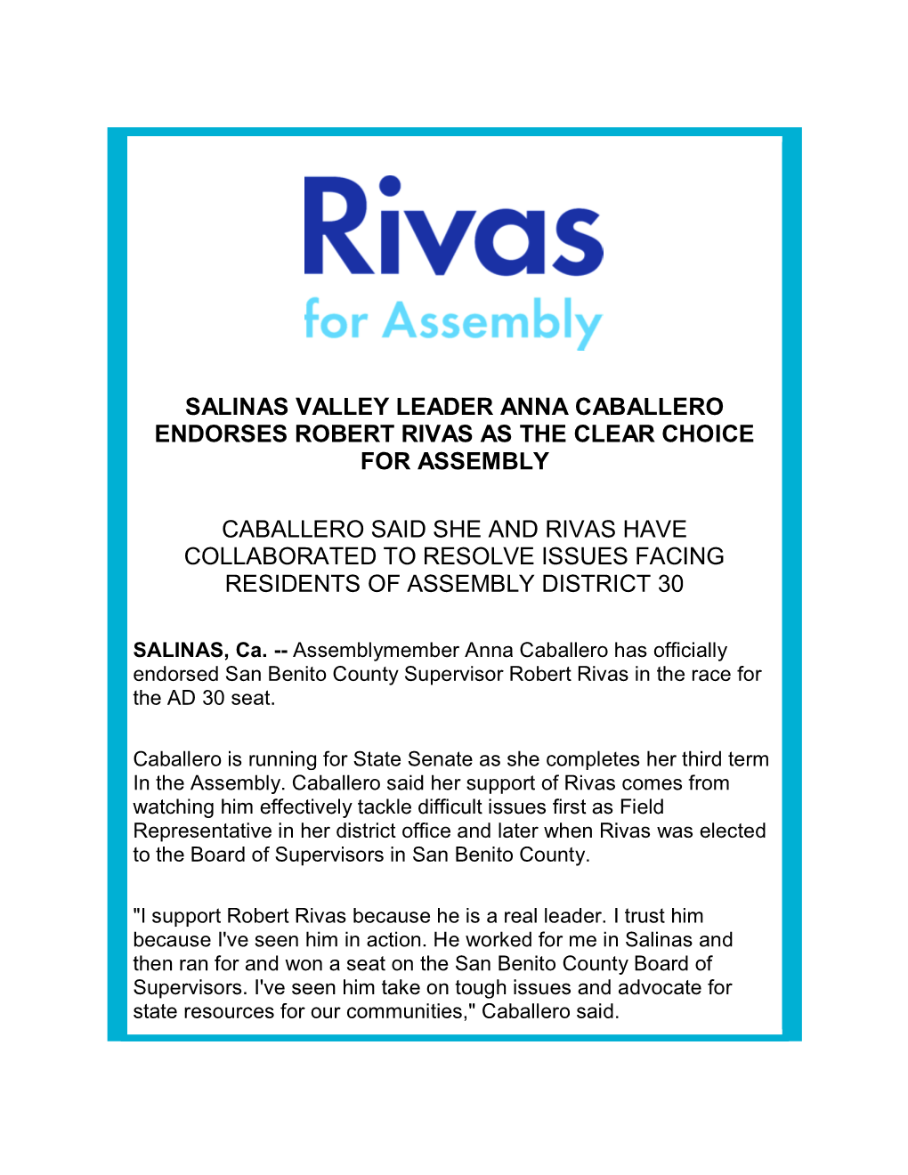 Salinas Valley Leader Anna Caballero Endorses Robert Rivas As the Clear Choice for Assembly