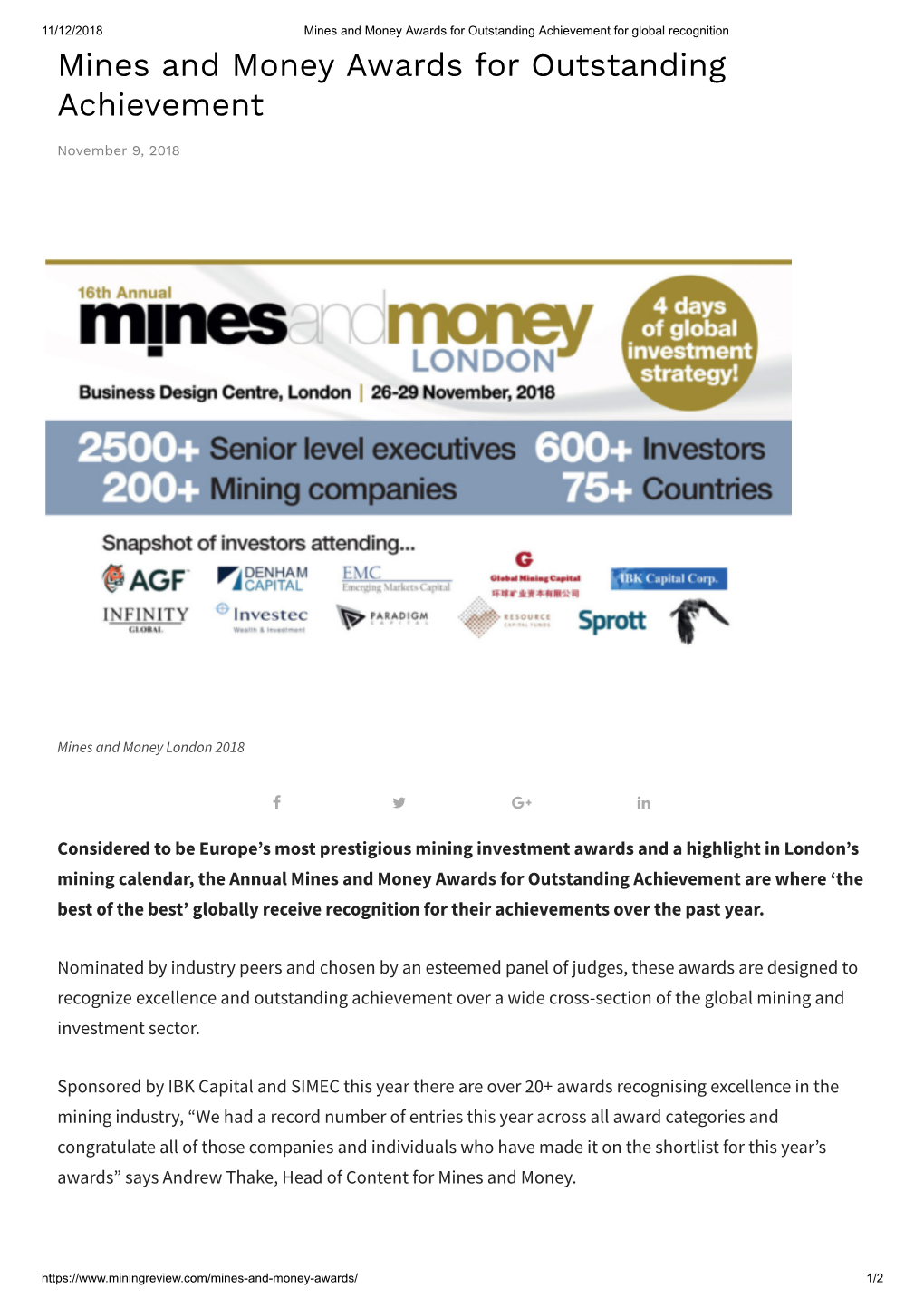 Mines and Money Awards for Outstanding Achievement for Global Recognition Mines and Money Awards for Outstanding Achievement