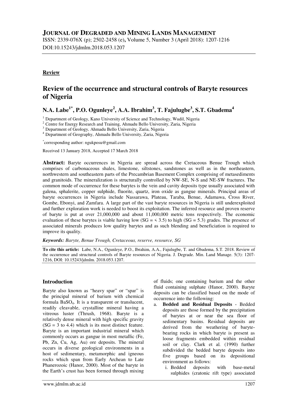 Review of the Occurrence and Structural Controls of Baryte Resources of Nigeria