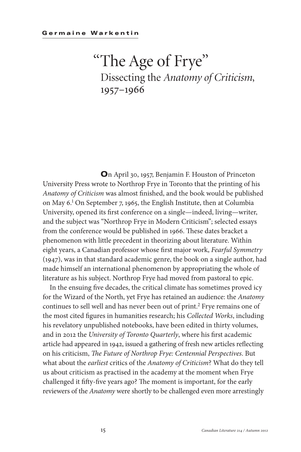 “The Age of Frye” Dissecting the Anatomy of Criticism, 1957–1966