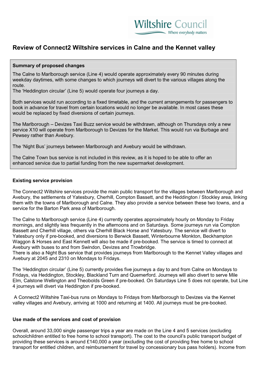 Review of Connect2 Wiltshire Services in Calne and the Kennet Valley