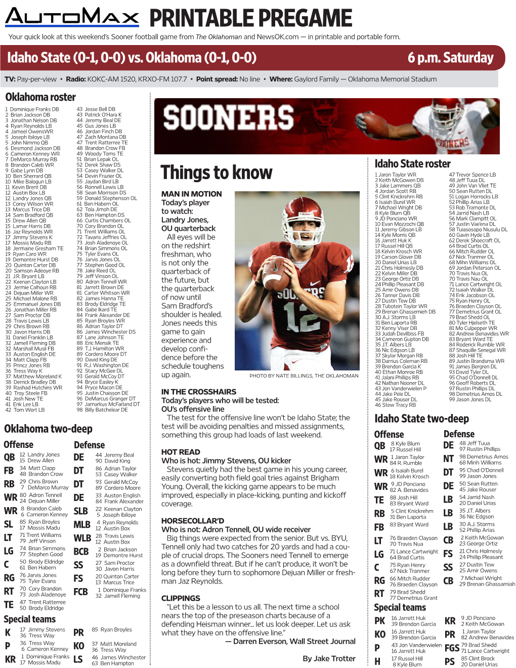 PRINTABLE PREGAME Your Quick Look at This Weekend’S Sooner Football Game from the Oklahoman and Newsok.Com —­ in Printable and Portable Form