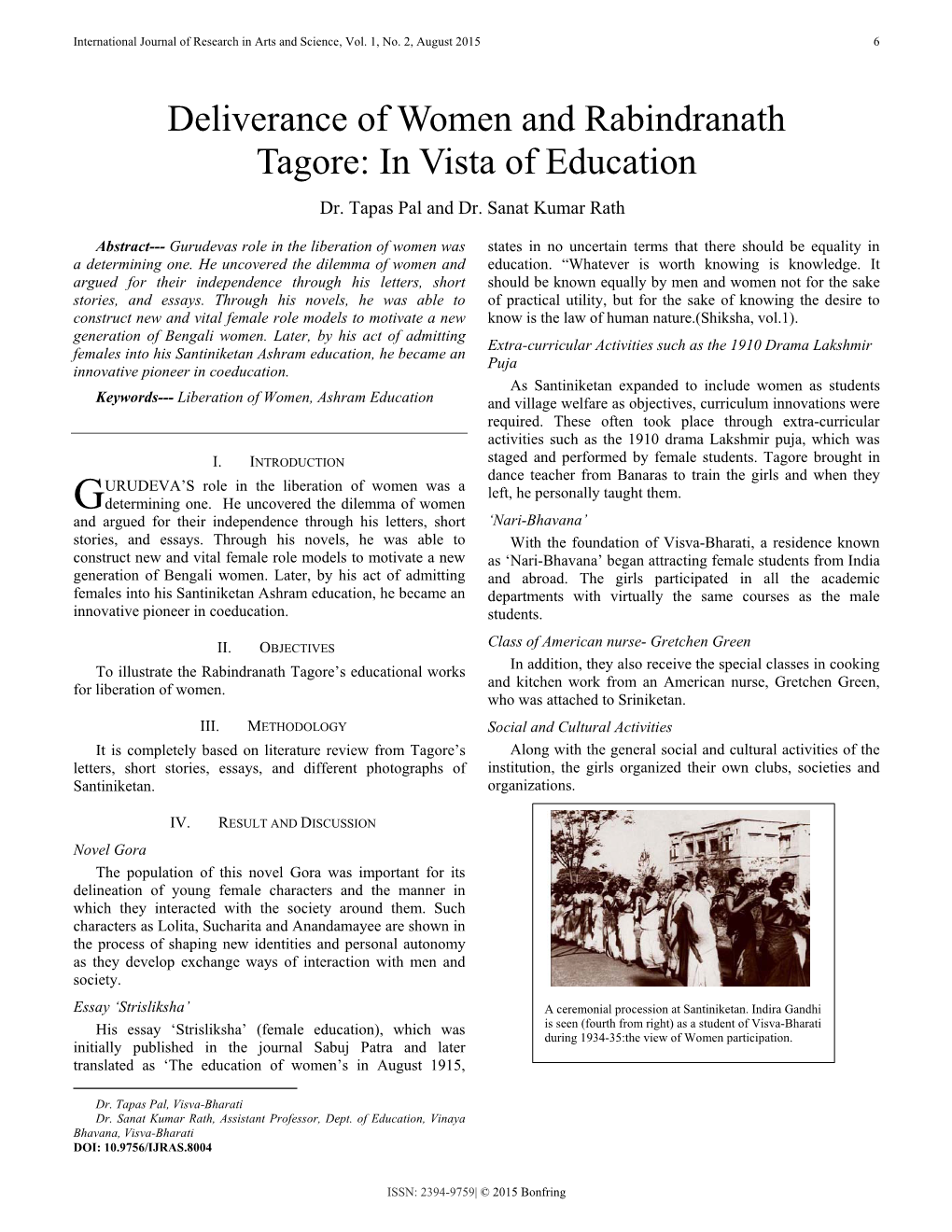 Deliverance of Women and Rabindranath Tagore: in Vista of Education Dr