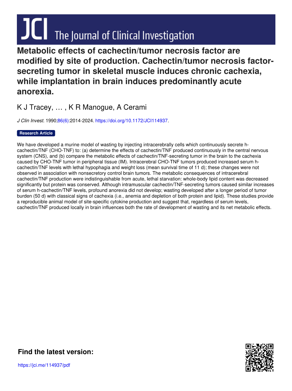 Secreting Tumor in Skeletal Muscle Induces Chronic Cachexia, While Implantation in Brain Induces Predominantly Acute Anorexia