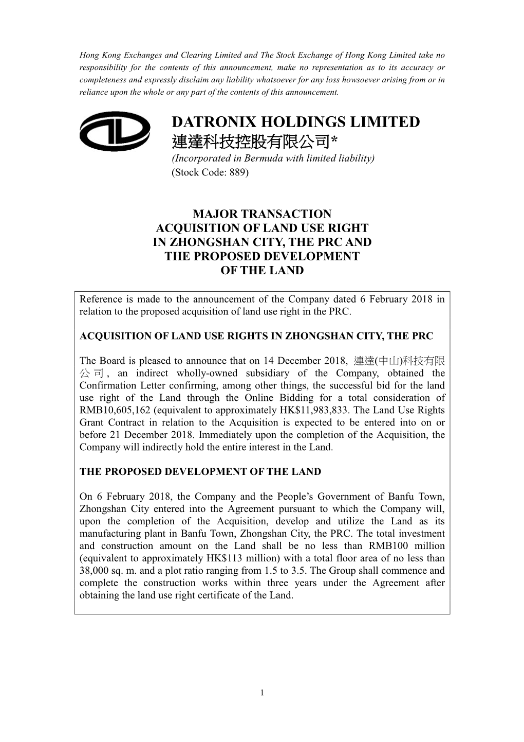 Acquisition of Land Use Right in Zhongshan City, the Prc and the Proposed Development of the Land