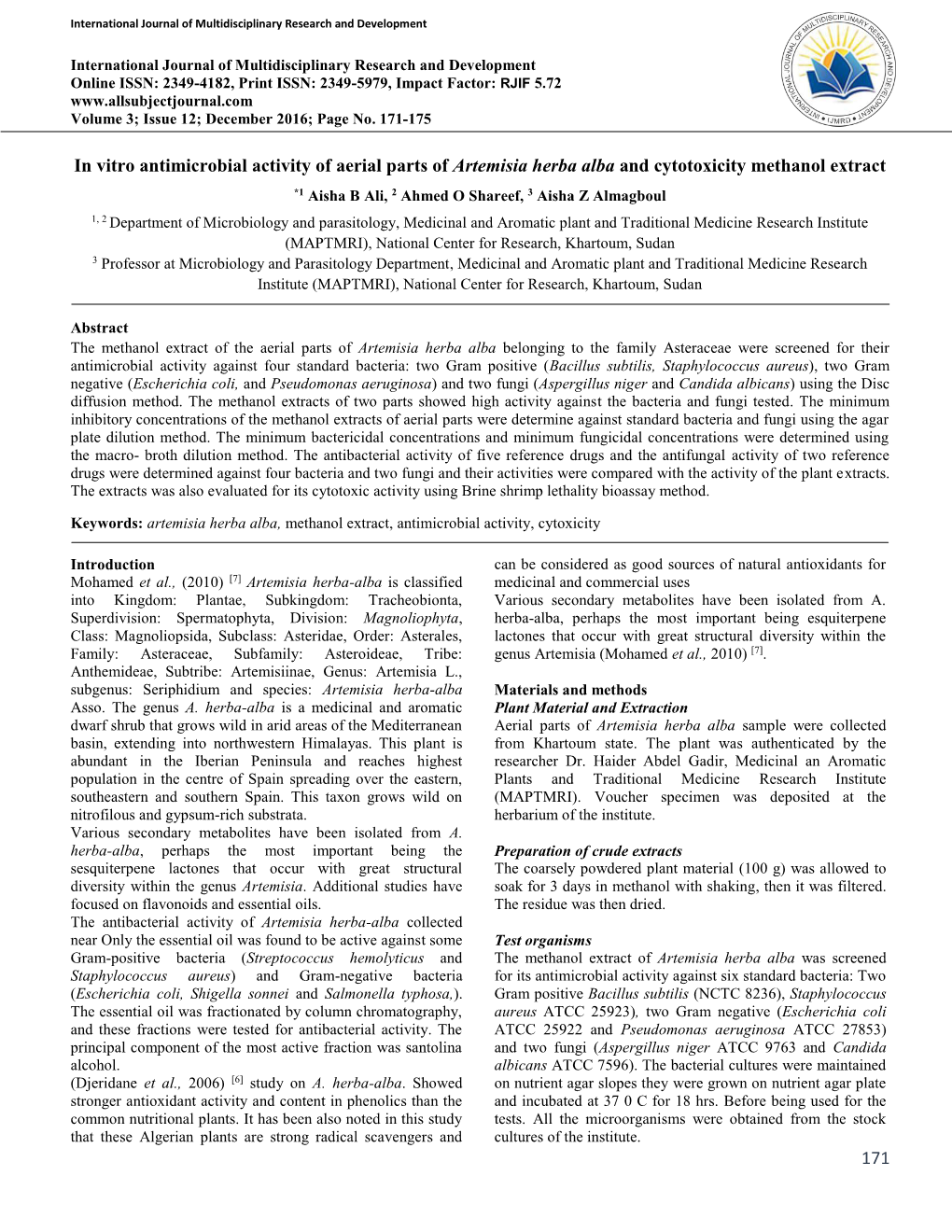 171 in Vitro Antimicrobial Activity of Aerial Parts of Artemisia Herba Alba