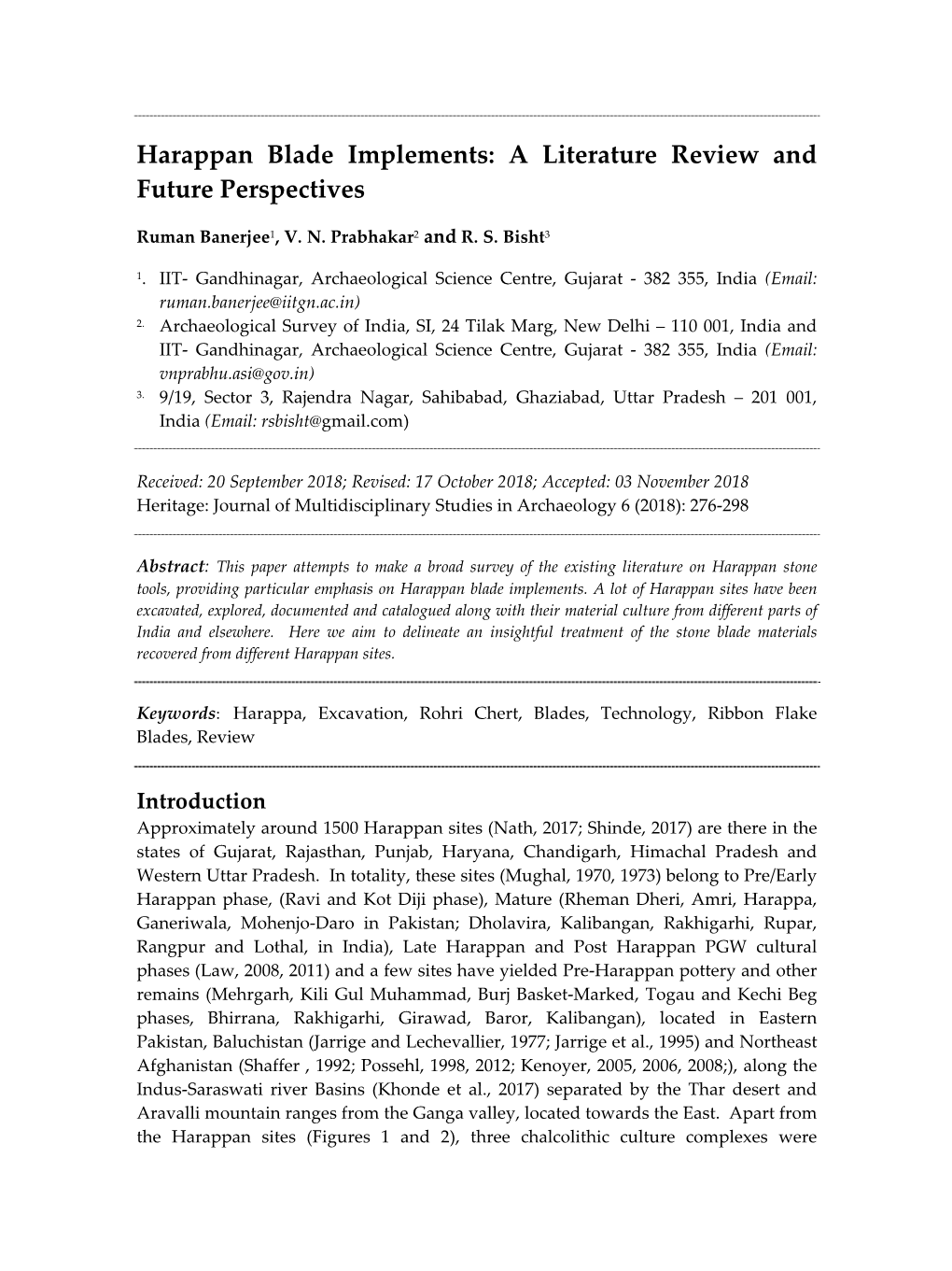 Harappan Blade Implements: a Literature Review and Future Perspectives