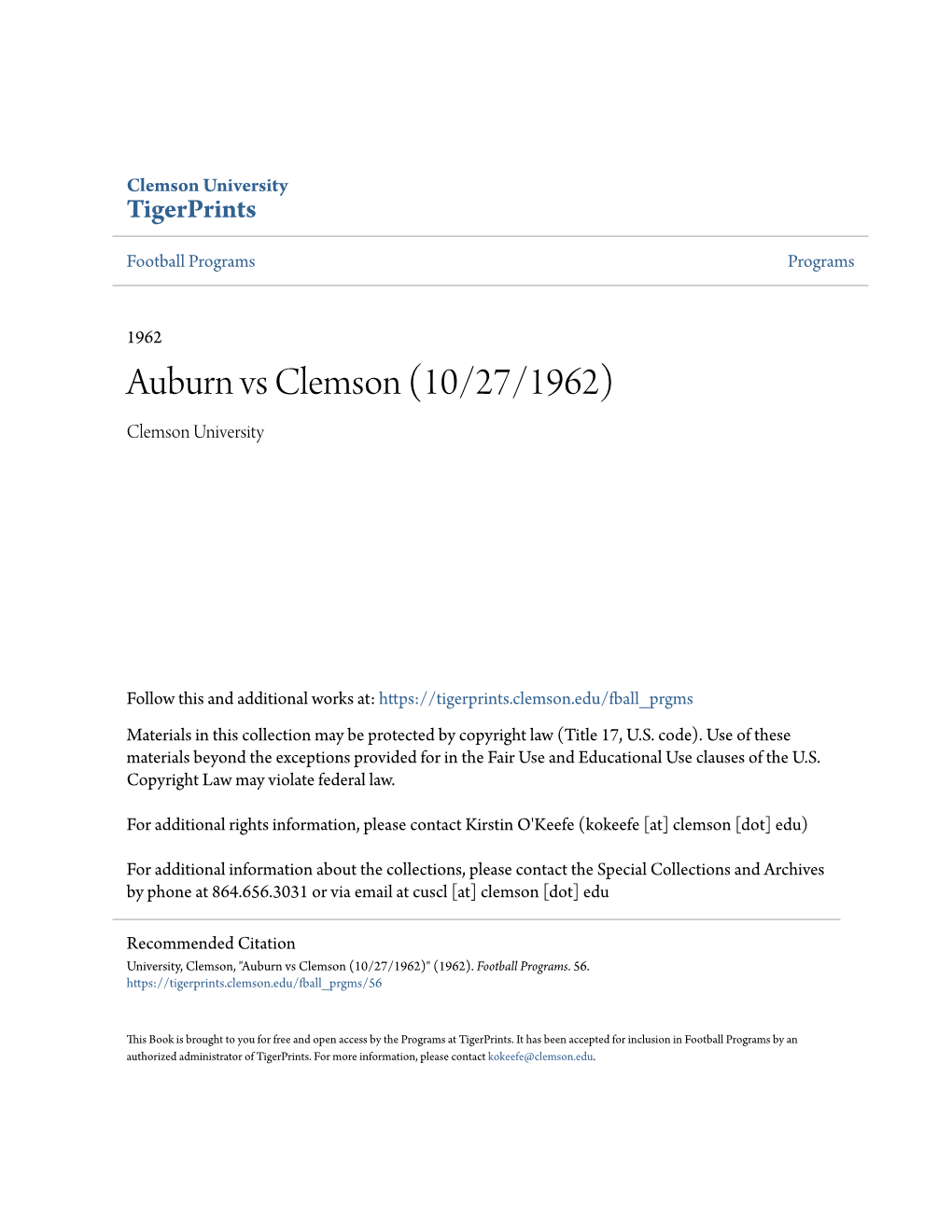 Auburn Vs Clemson (10/27/1962) Clemson University