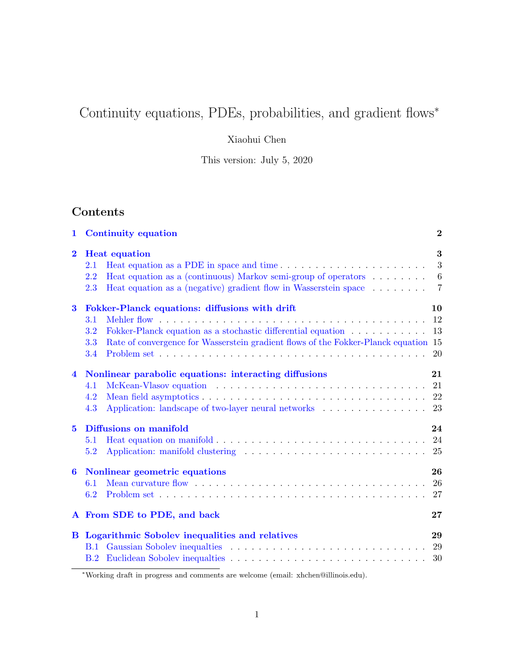 Continuity Equations, Pdes, Probabilities, and Gradient Flows