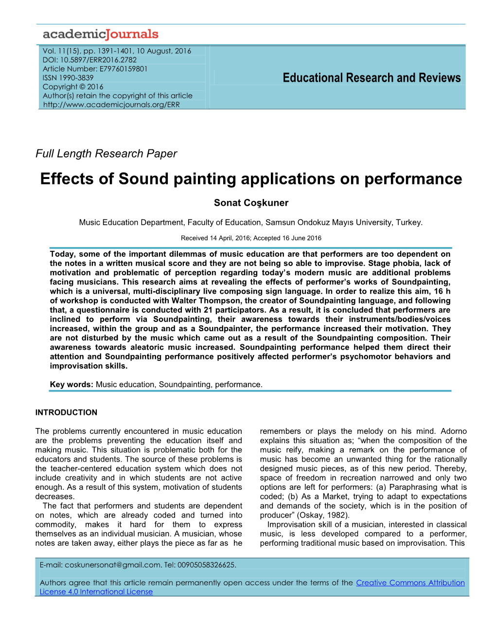 Effects of Sound Painting Applications on Performance