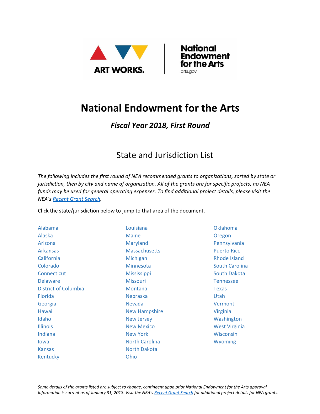 National Endowment for the Arts Fiscal Year 2018, First Round