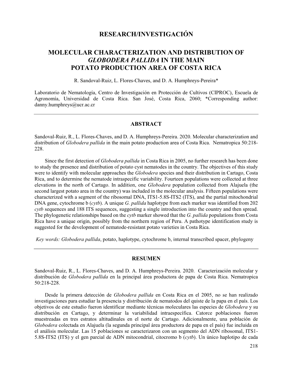 Research/Investigación Molecular Characterization and Distribution of Globodera Pallida in the Main Potato Production Area Of