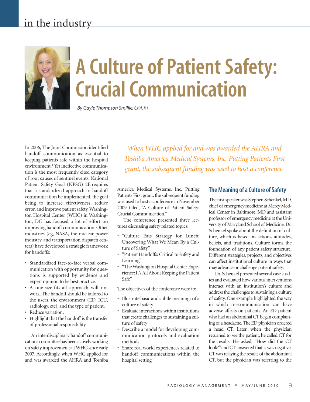 A Culture of Patient Safety: Crucial Communication by Gayle Thompson Smillie, CRA, RT