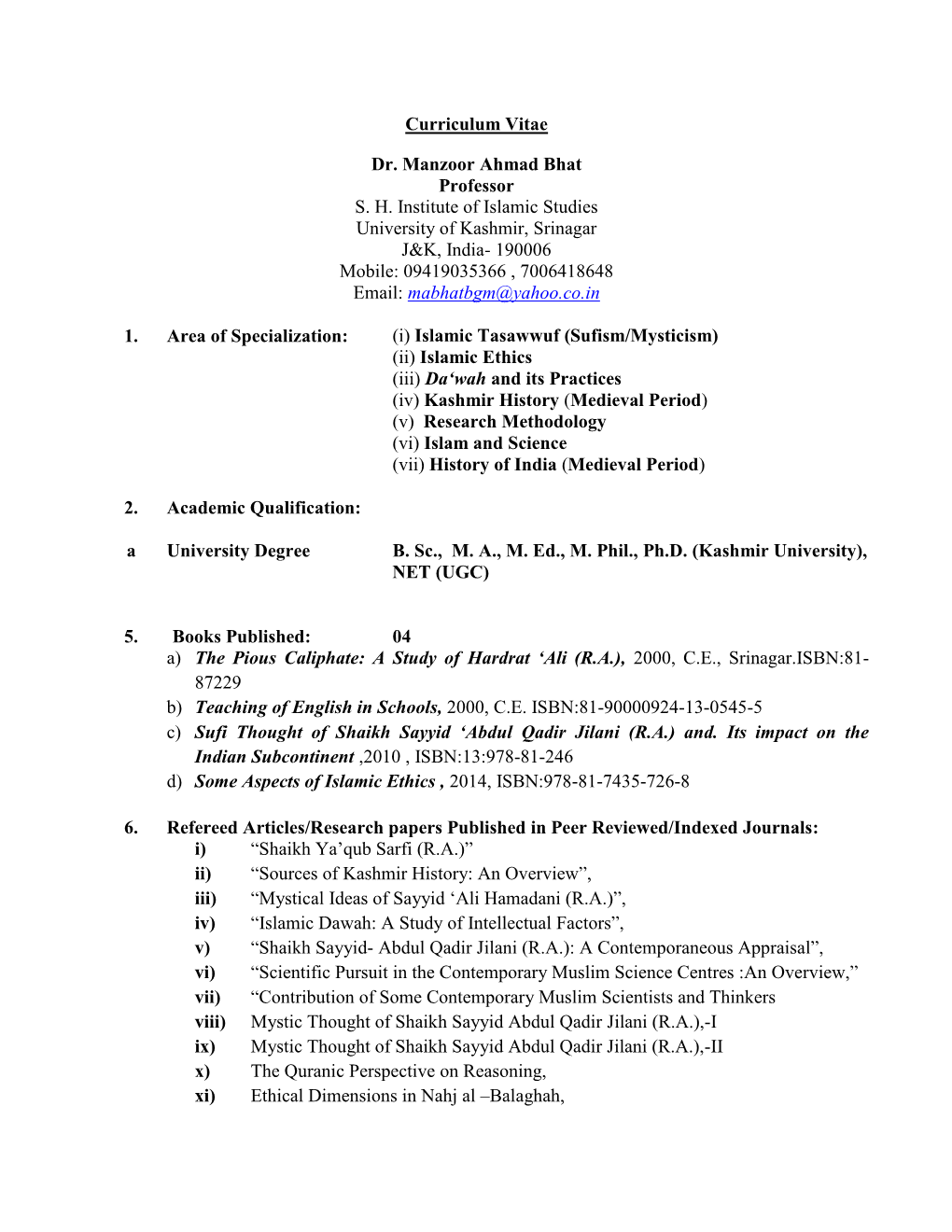 Curriculum Vitae Dr. Manzoor Ahmad Bhat