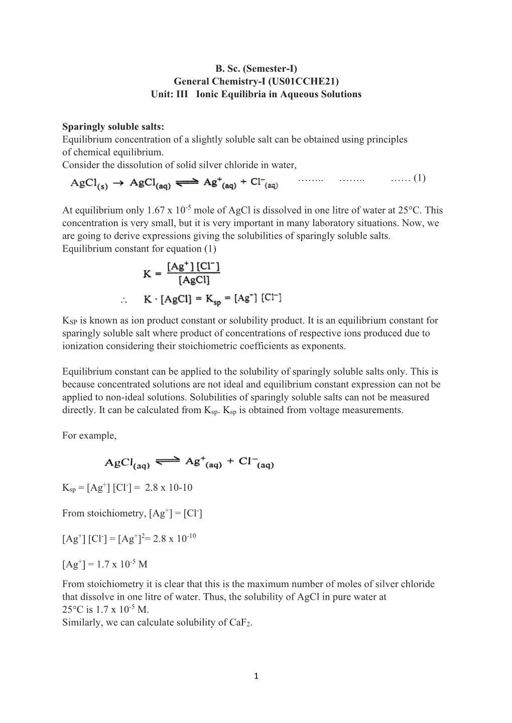 Unit III Ionic Equilibria in Aqueous Solution