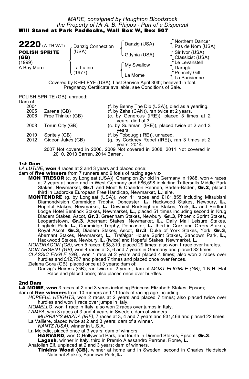 MARE, Consigned by Houghton Bloodstock the Property of Mr A. B. Phipps - Part of a Dispersal Will Stand at Park Paddocks, Wall Box W, Box 507