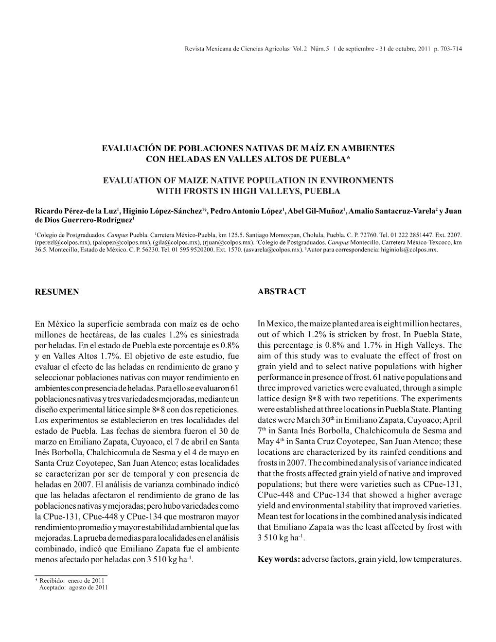 Evaluación De Poblaciones Nativas De Maíz En Ambientes Con Heladas En Valles Altos De Puebla*