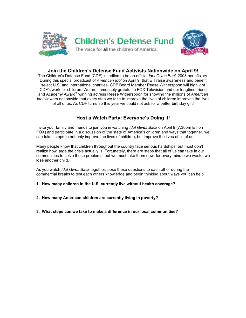 Join the Children's Defense Fund Activists Nationwide on April 9! Host