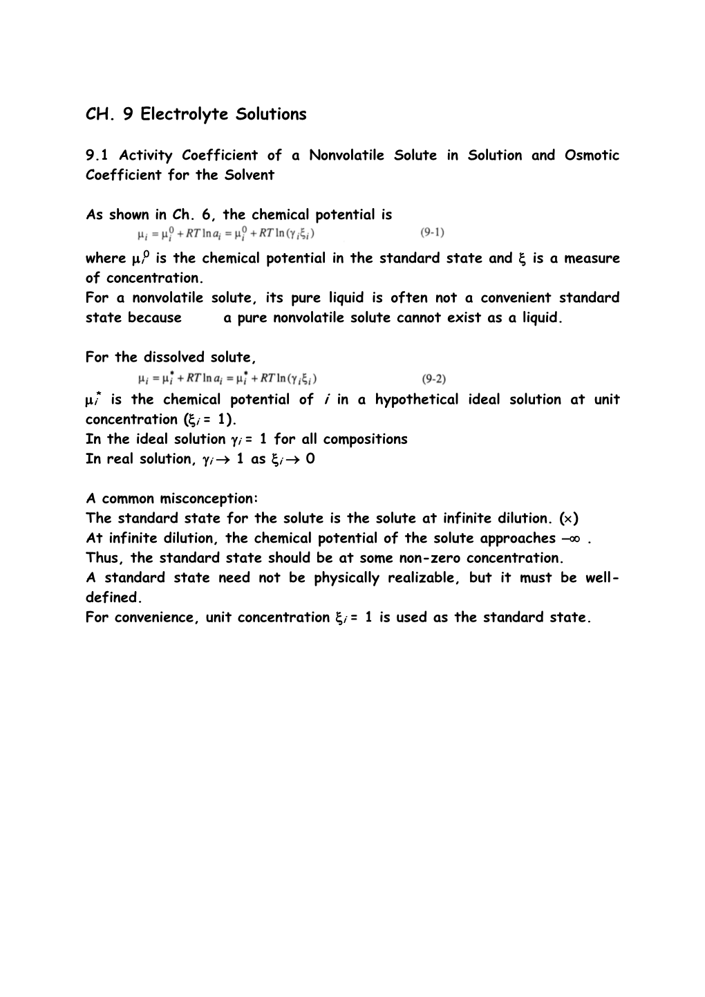 CH. 9 Electrolyte Solutions