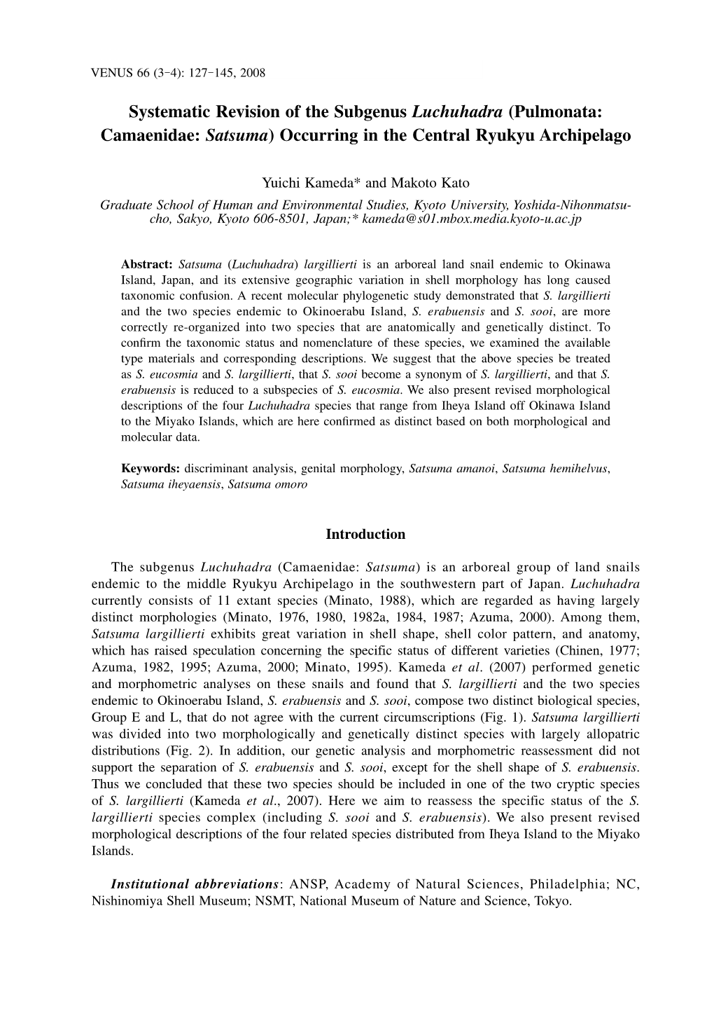 Systematic Revision of the Subgenus Luchuhadra (Pulmonata: Camaenidae: Satsuma) Occurring in the Central Ryukyu Archipelago