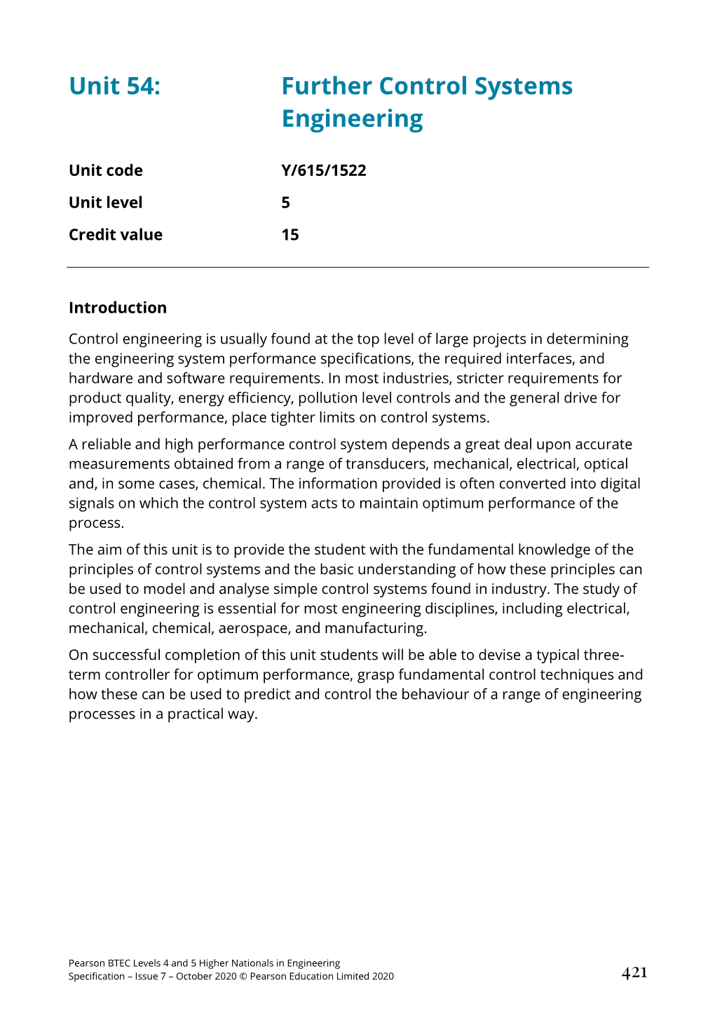 Unit 54: Further Control Systems Engineering