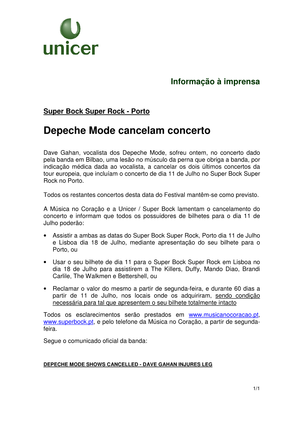 Depeche Mode Cancelam Concerto