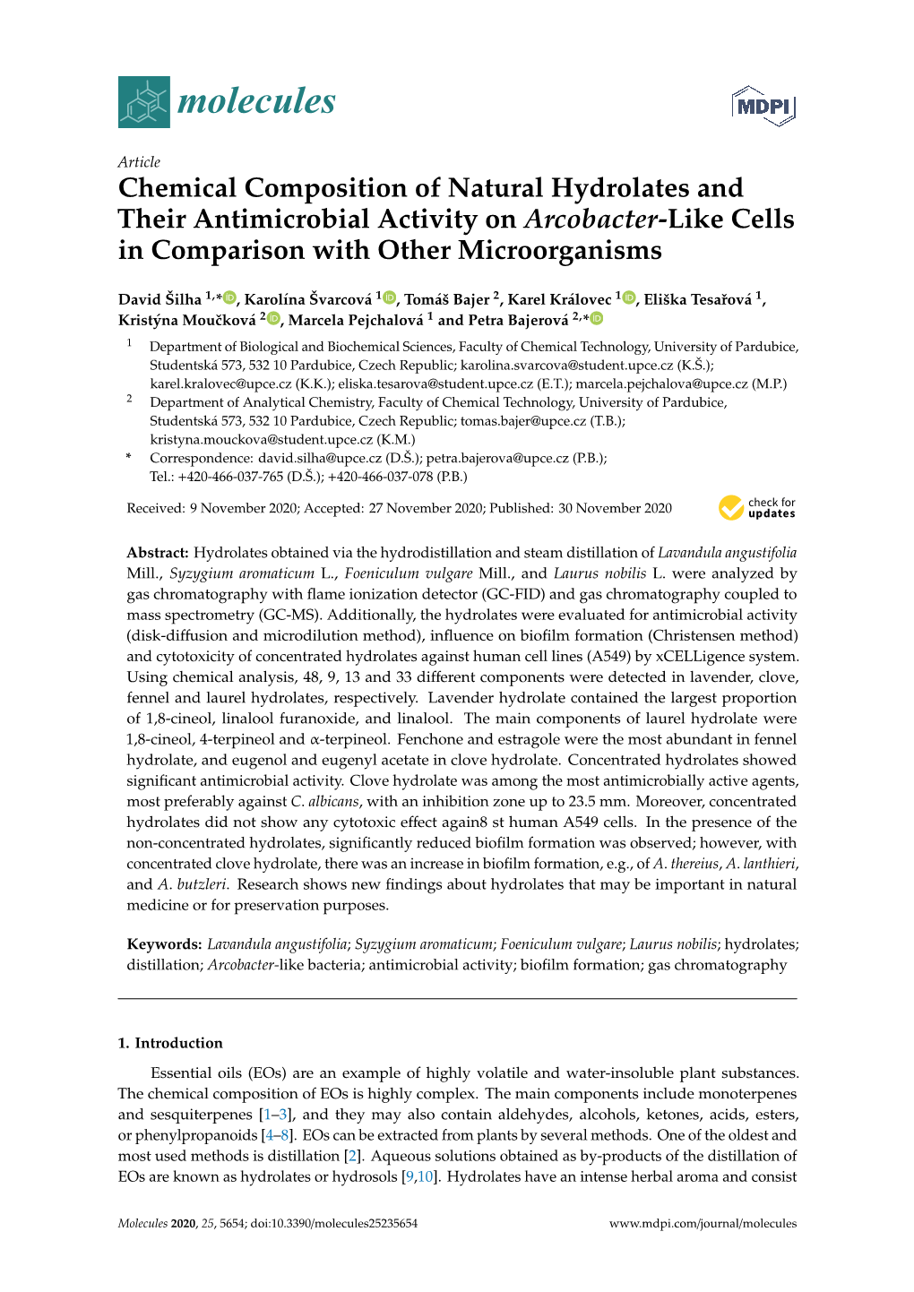 Chemical Composition of Natural Hydrolates and Their Antimicrobial Activity on Arcobacter-Like Cells in Comparison with Other Microorganisms