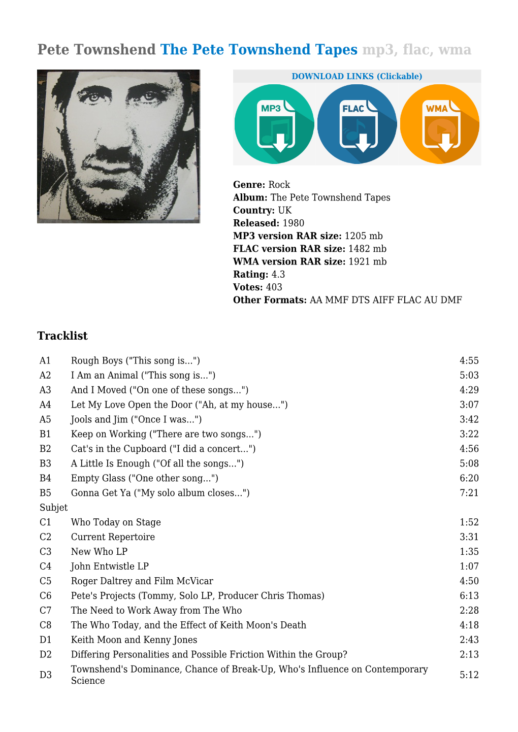 Pete Townshend the Pete Townshend Tapes Mp3, Flac, Wma