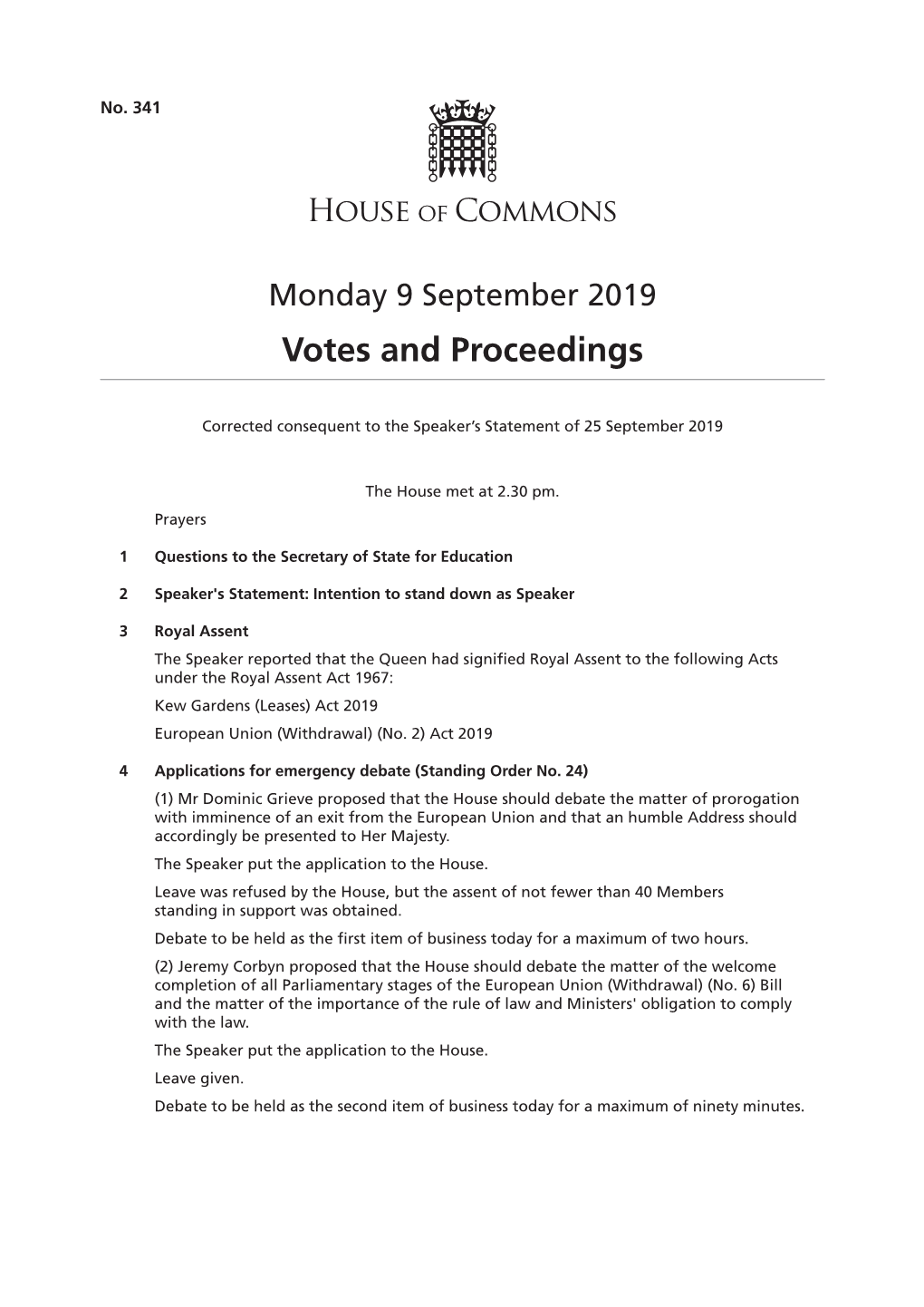 Votes and Proceedings for 9 Sep 2019