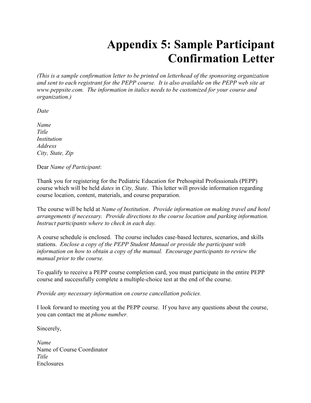 Appendix 5: Sample Participant Confirmation Letter