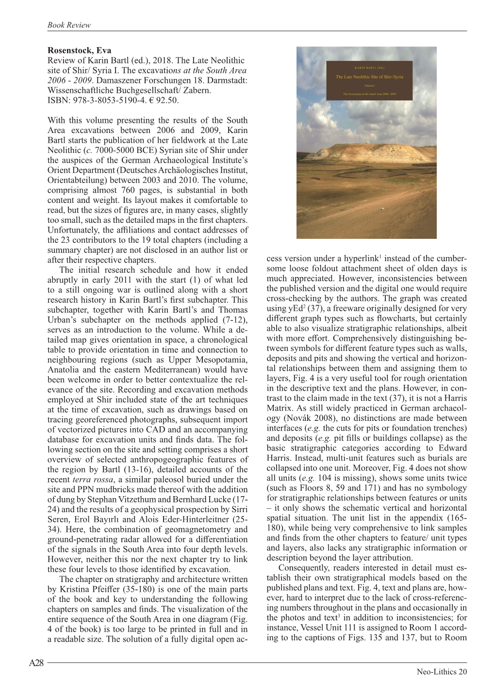 Review of Karin Bartl (Ed.), 2018. the Late Neolithic Site of Shir / Syria I