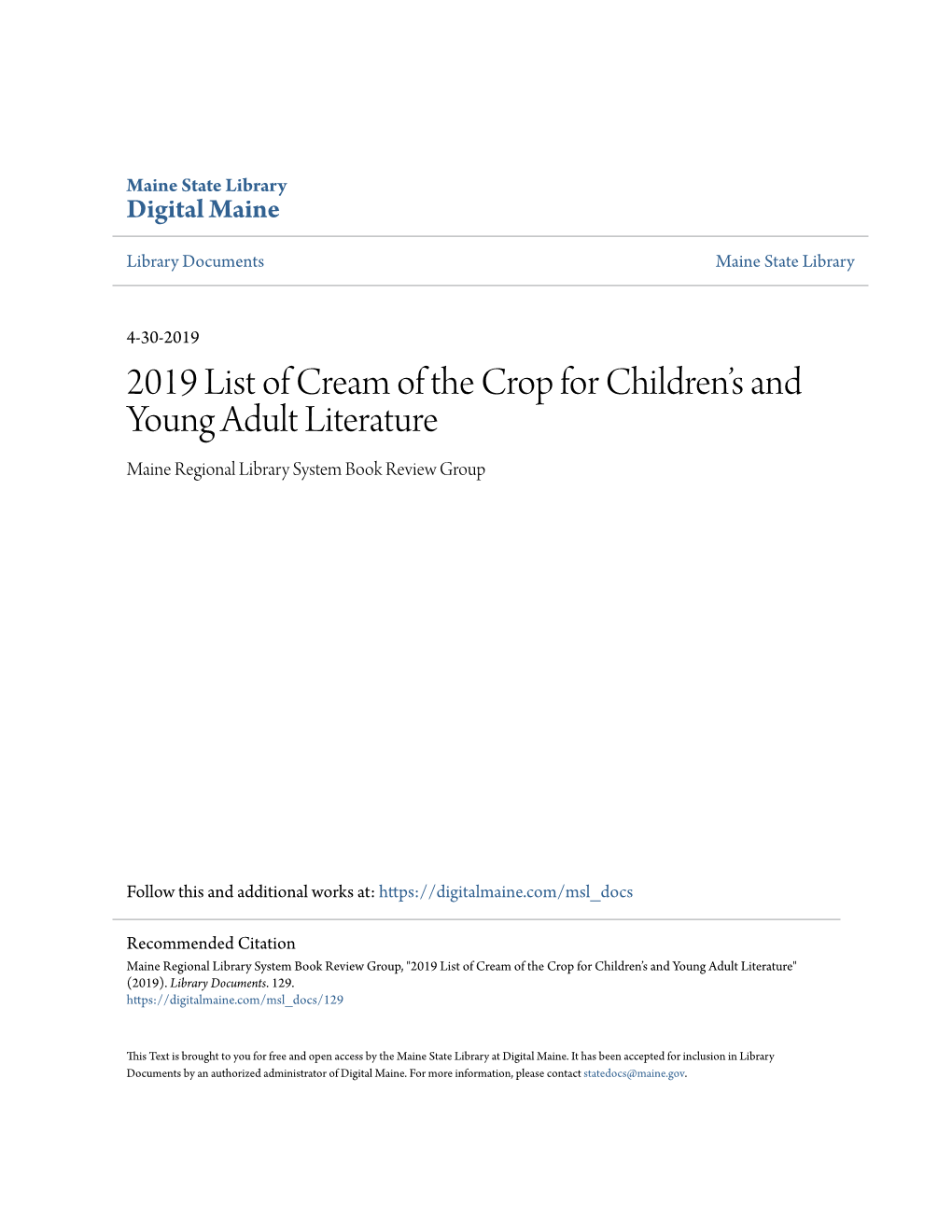 2019 List of Cream of the Crop for Children's and Young Adult Literature