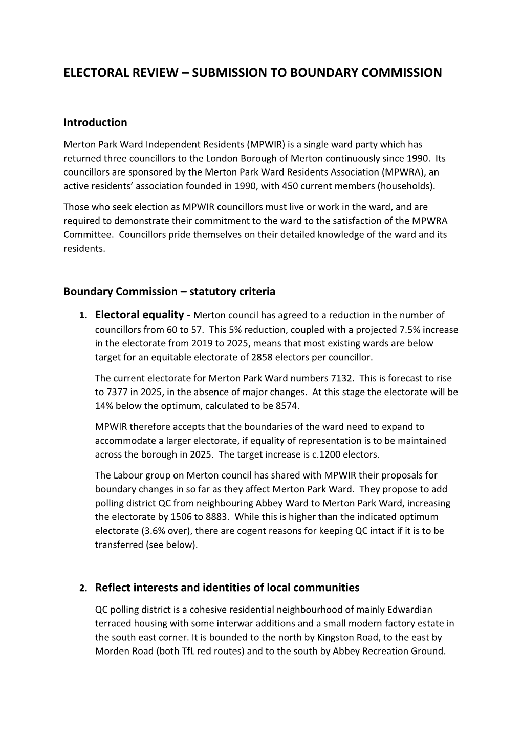 Electoral Review – Submission to Boundary Commission