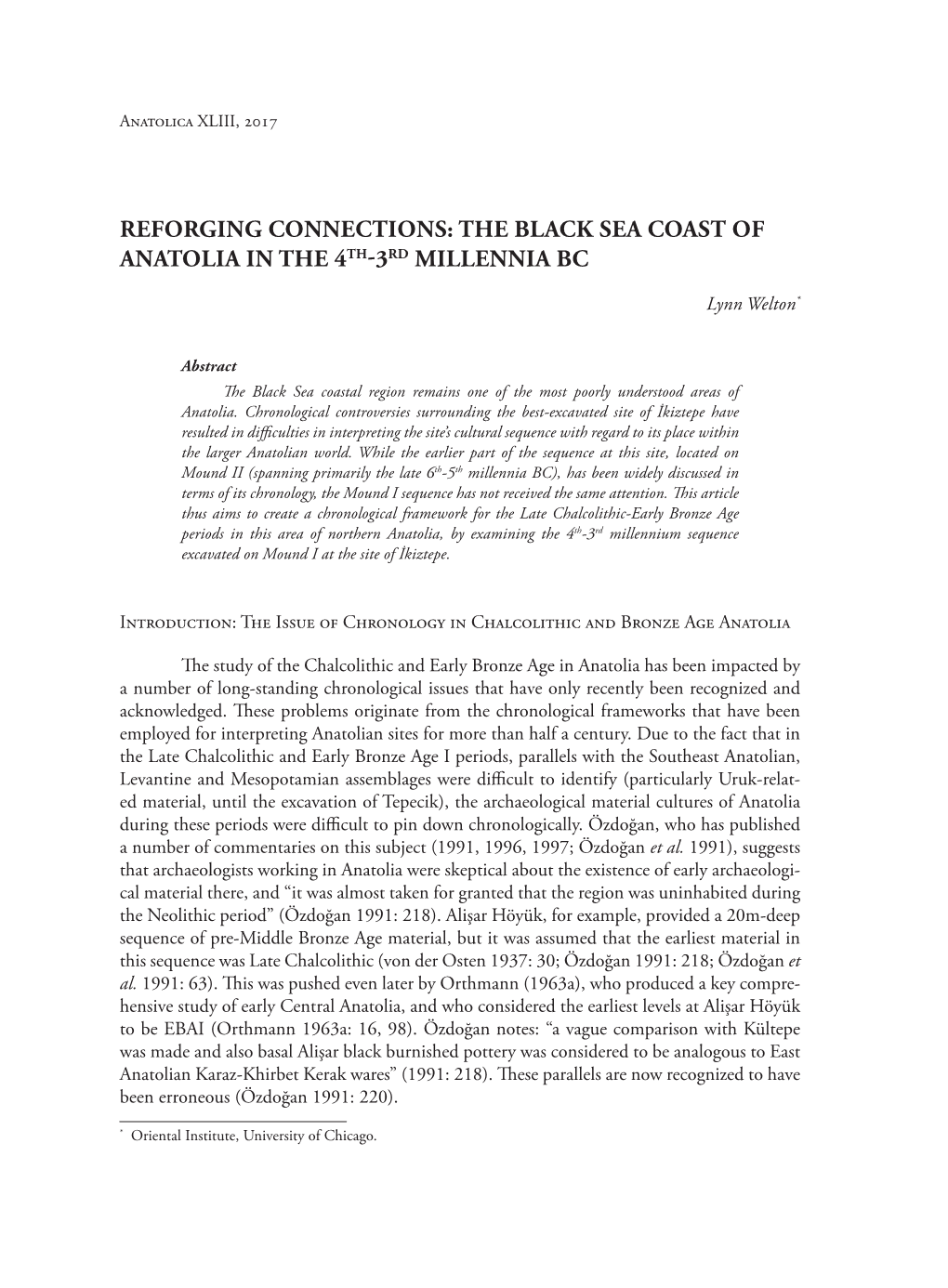 Reforging Connections: the Black Sea Coast of Anatolia in the 4Th3rd Millennia Bc