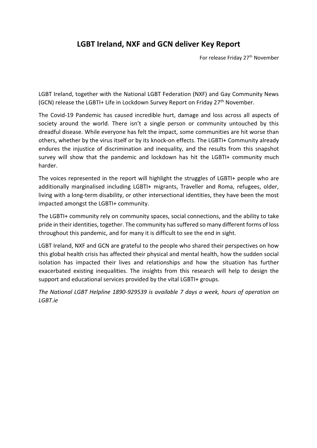Nov 2020: LGBTI+ Life in Lockdown Press Release