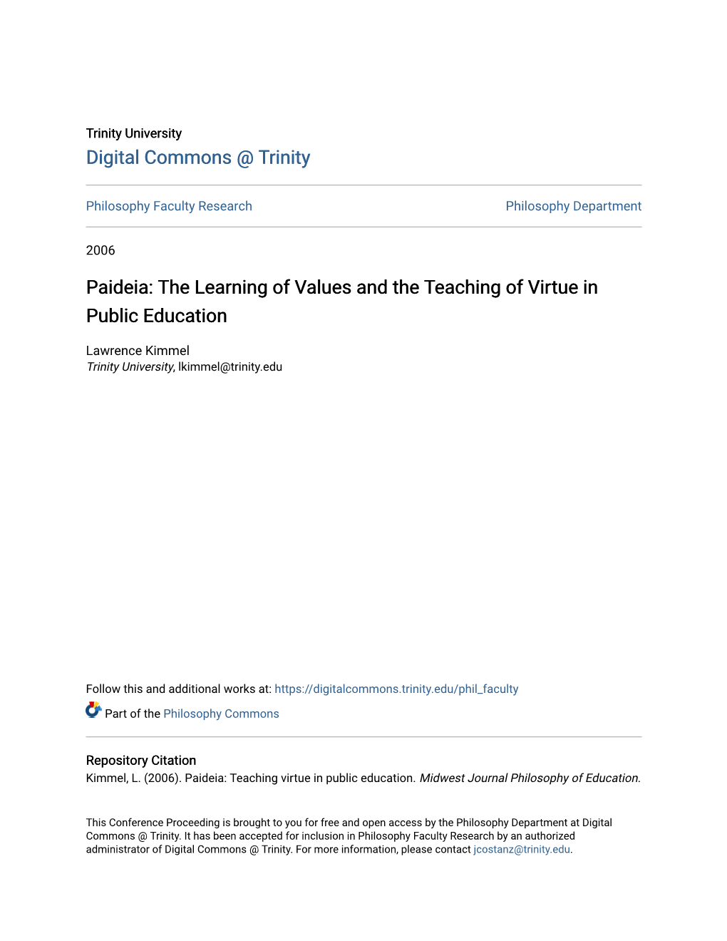 Paideia: the Learning of Values and the Teaching of Virtue in Public Education