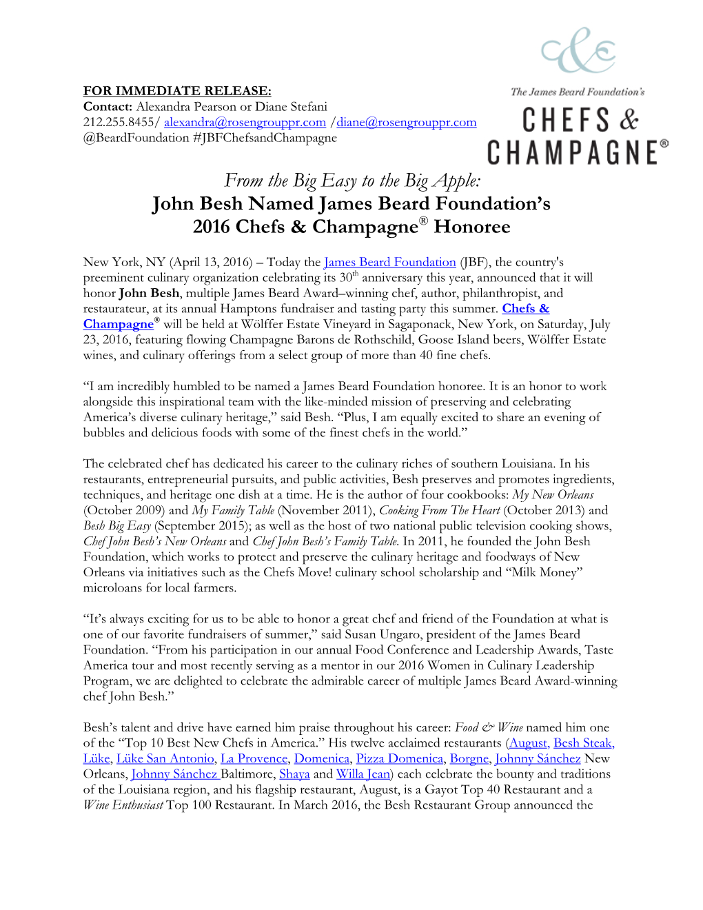 From the Big Easy to the Big Apple: John Besh Named James Beard Foundation’S 2016 Chefs & Champagne® Honoree