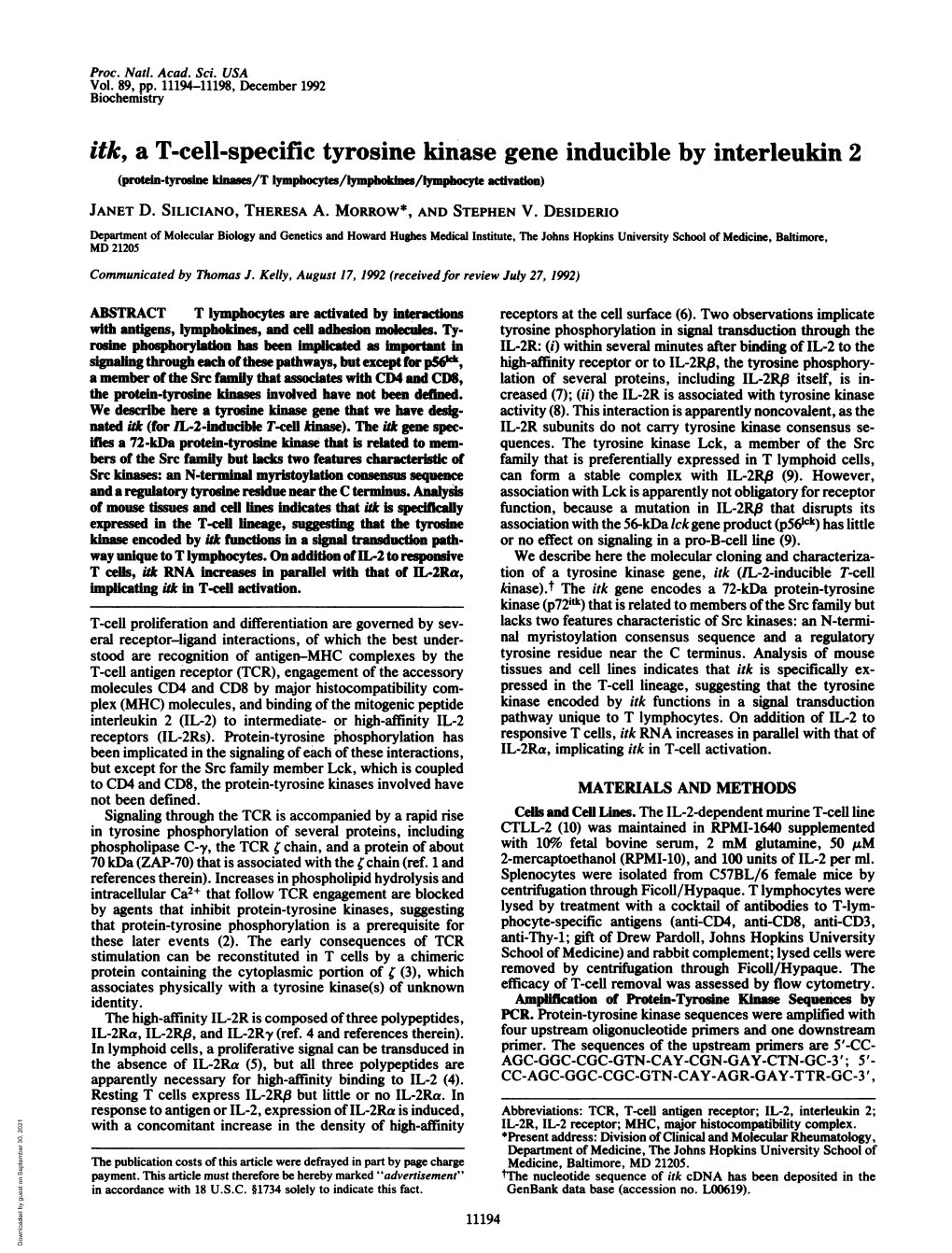 Itk, a T-Cell-Specific Tyrosine Kinase Gene Inducible by Interleukin 2 (Protein-Tosin Klass/T Lymphoys/Lympbokle/Lympbo Actuvaton) JANET D