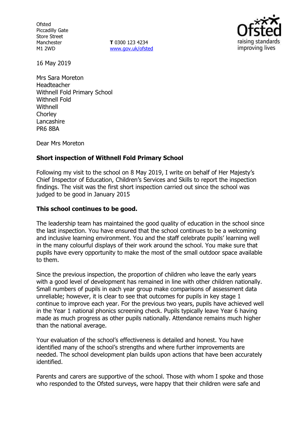 16 May 2019 Mrs Sara Moreton Headteacher Withnell Fold Primary